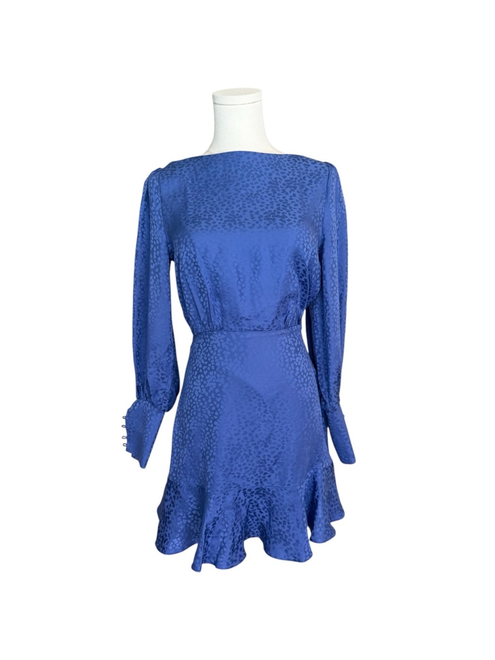 Intermix Nicola Silk Jacquard Mini Dress Blue Cheetah Print Ruffle Hem Size 0